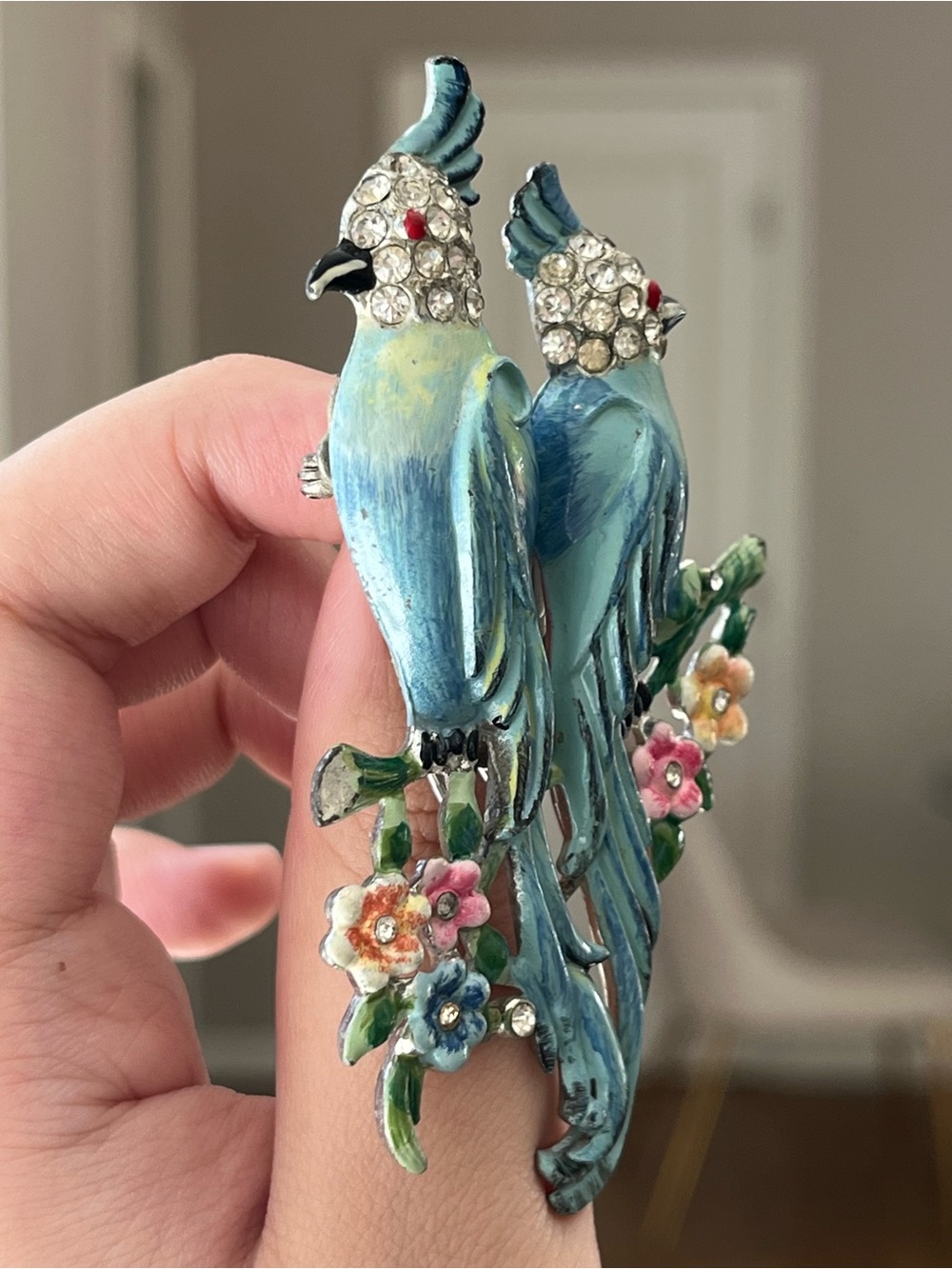 Vintage Coro Book Piece Parrot Duette Love Birds Blue Enamel Brooch Fur Clip Pin - Picture 7 of 13